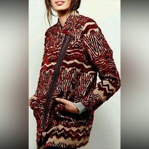 Free People Red Combo Tribal Aztec Boho Western Wool Blend Coat Size Small